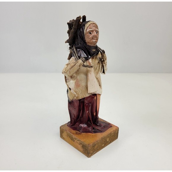 Vintage Handmade Mexican Folk Art Paper Mache Figurine Old Woman w/ Wood on Back - Picture 1 of 10